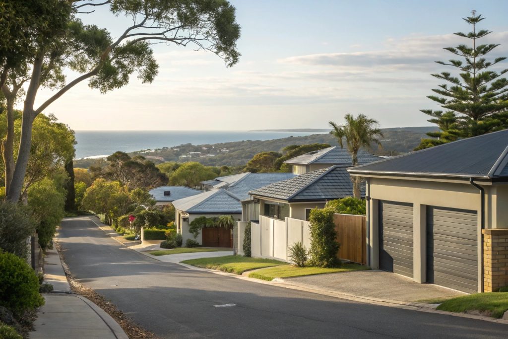 Sutherland Shire street showing homes with professionally installed garage doors near Miranda