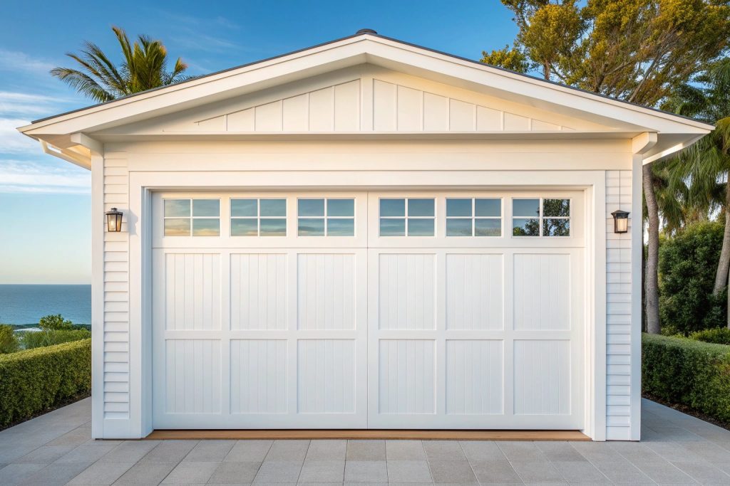 Hamptons-style timber garage door on a Sutherland Shire coastal home