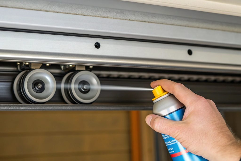 Close-up of a homeowner applying lubricant to garage door rollers during maintenance