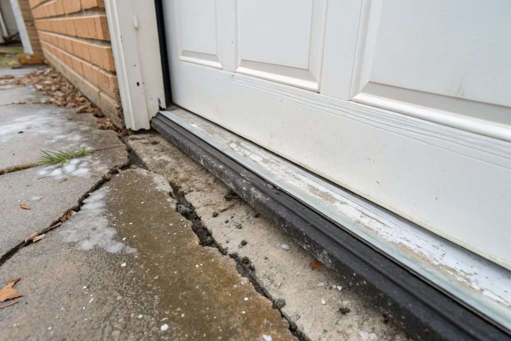 Worn garage door weather seal showing deterioration from salt air in Caringbah