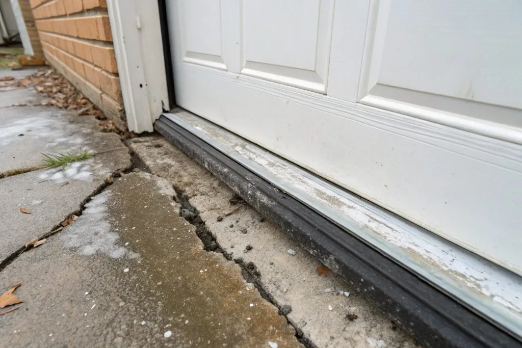 Worn garage door weather seal showing deterioration from salt air in Caringbah