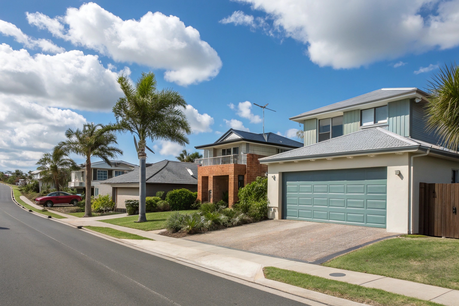 Coastal Australian suburb street view with waterfront homes