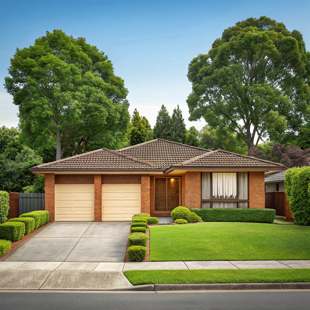 Established 1970s brick family home with a double garage door in Bangor