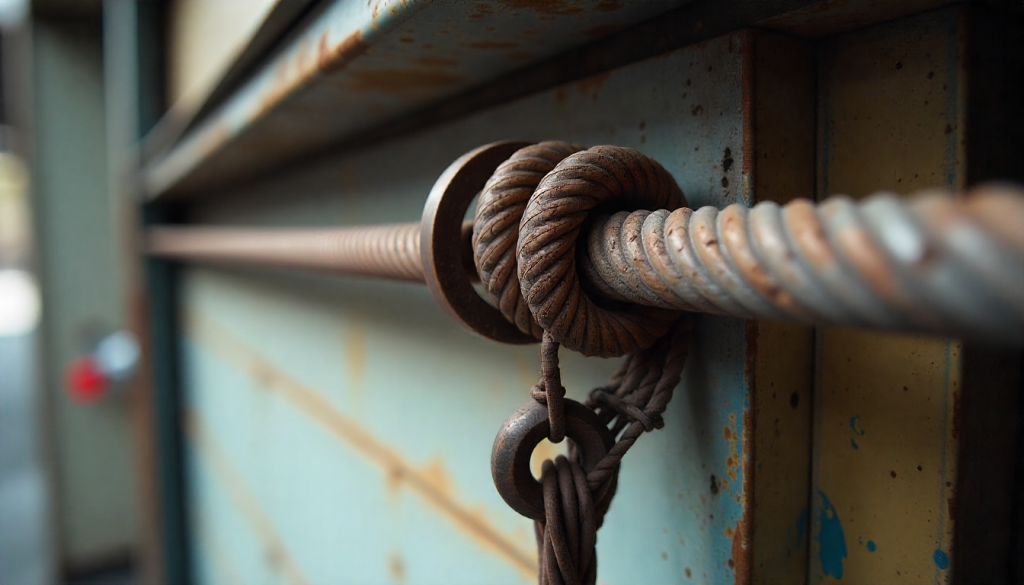 Close-up of frayed, rusted steel cables on a commercial garage door