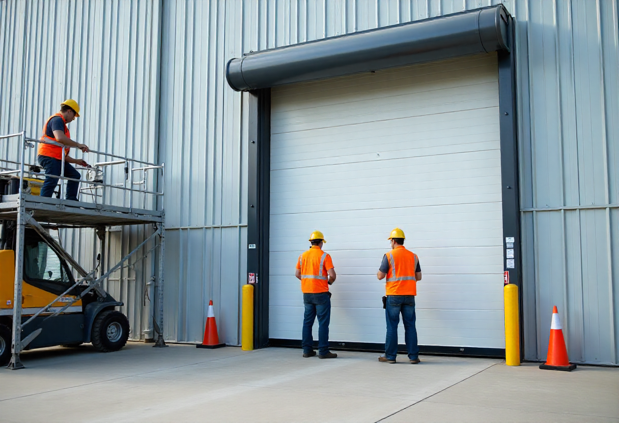 Professional installation team of three workers in safety gear installing a garage door
