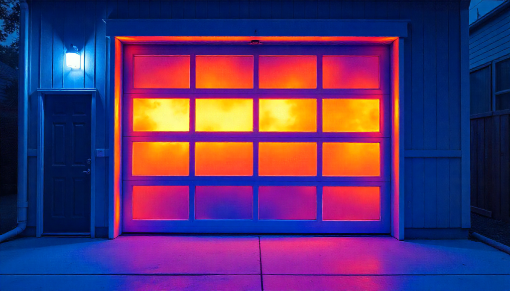 Thermal imaging style photo highlighting heat loss on a commercial garage door