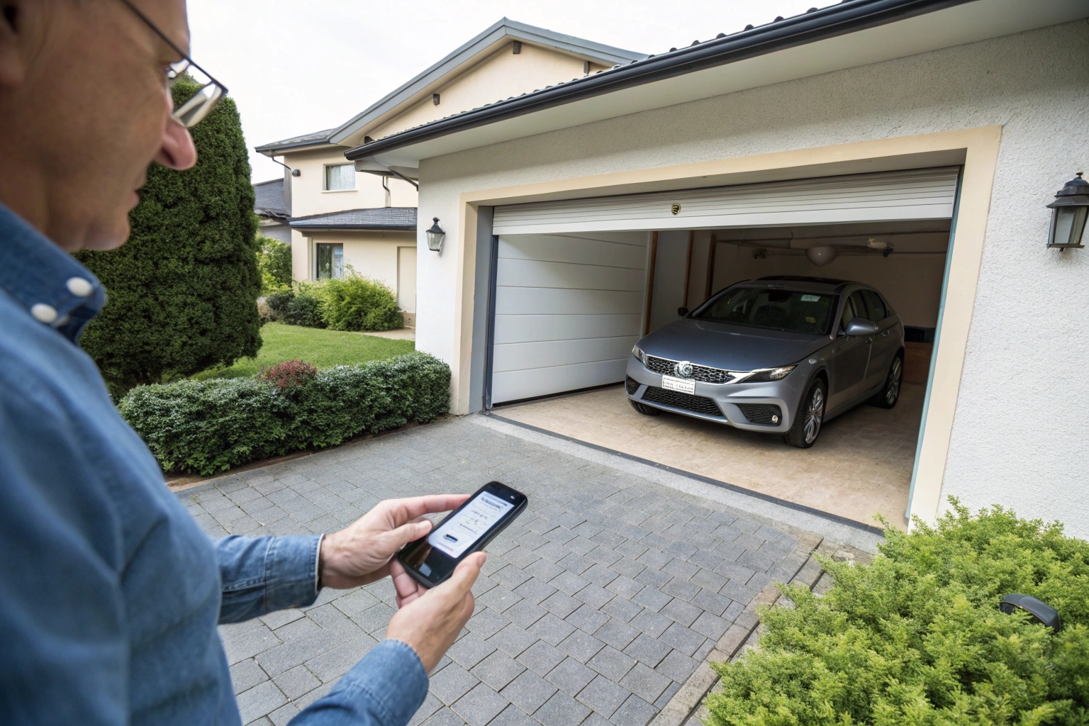 Homeowner using a smartphone app to open an automatic garage door