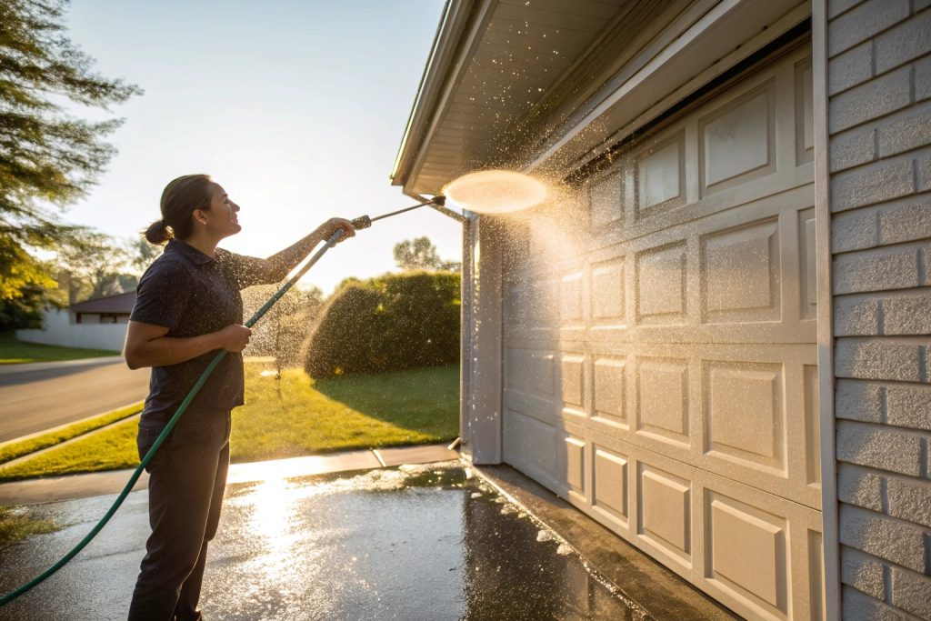 Homeowner washing a garage door with a garden hose to prevent salt damage