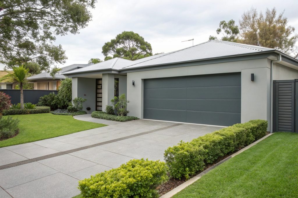 Modern garage door installed on a Miranda coastal home