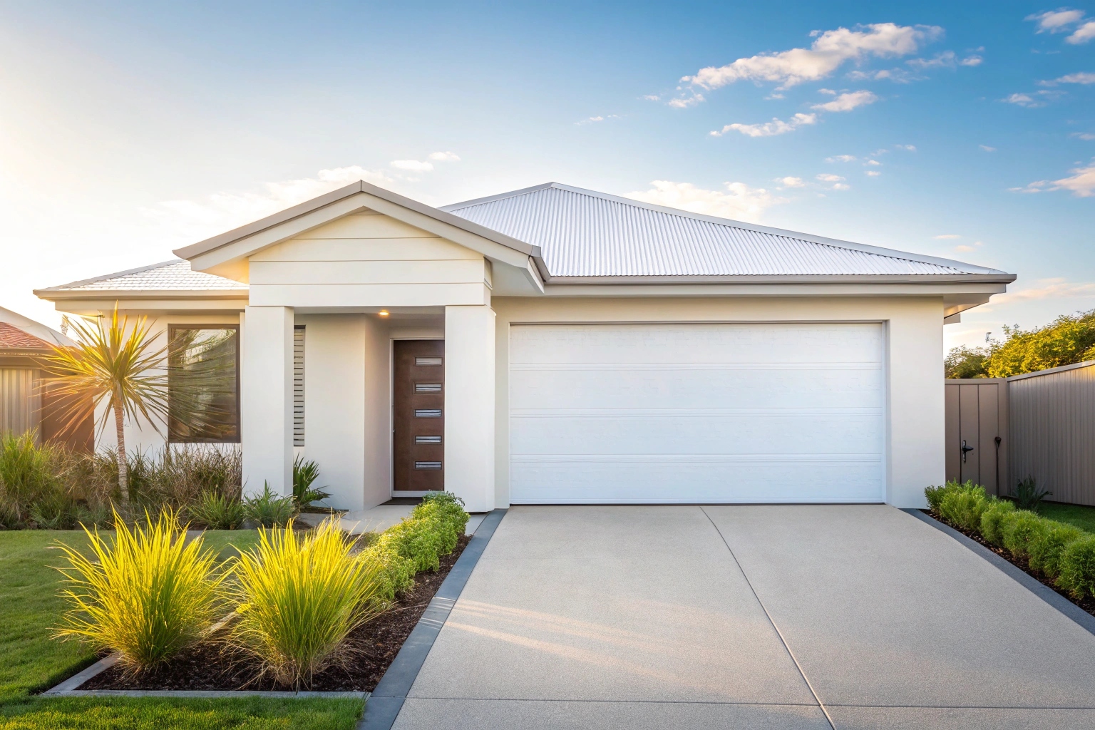 Modern suburban Australian home with a white Colorbond garage door