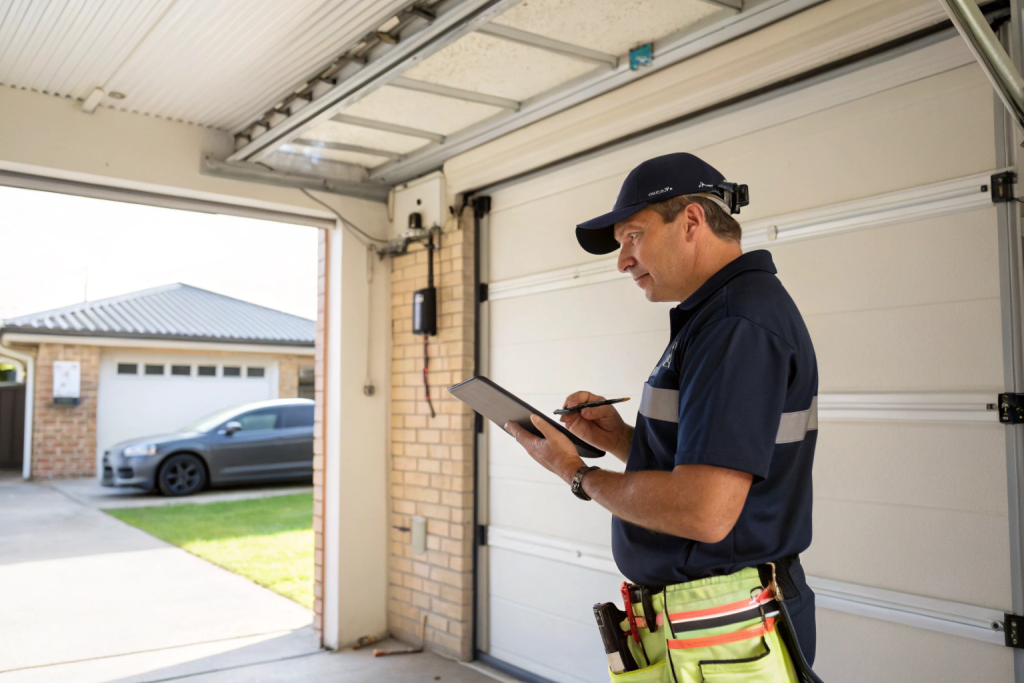 Professional garage door technician in a clean uniform conducting a security assessment