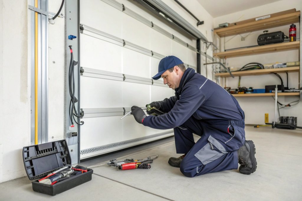 Technician kneeling to lubricate and adjust the track and torsion spring of a garage door.