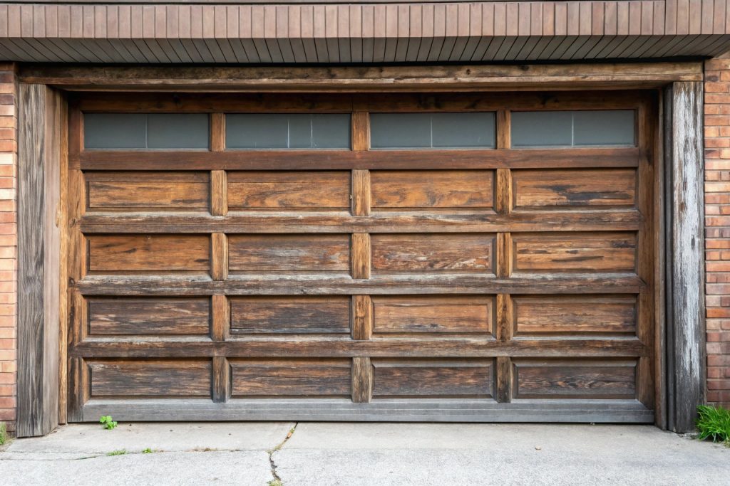 Warped wooden garage door panel showing visible signs of coastal deterioration