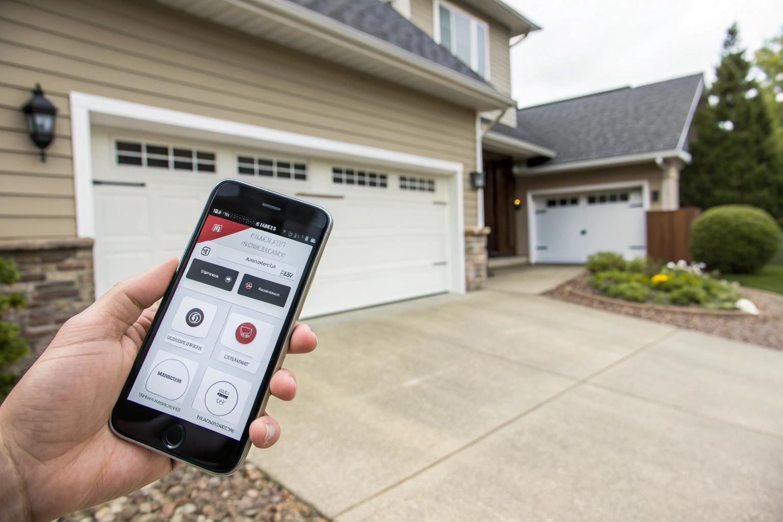 Hand holding a smartphone displaying a garage door control app in front of a driveway and garage.