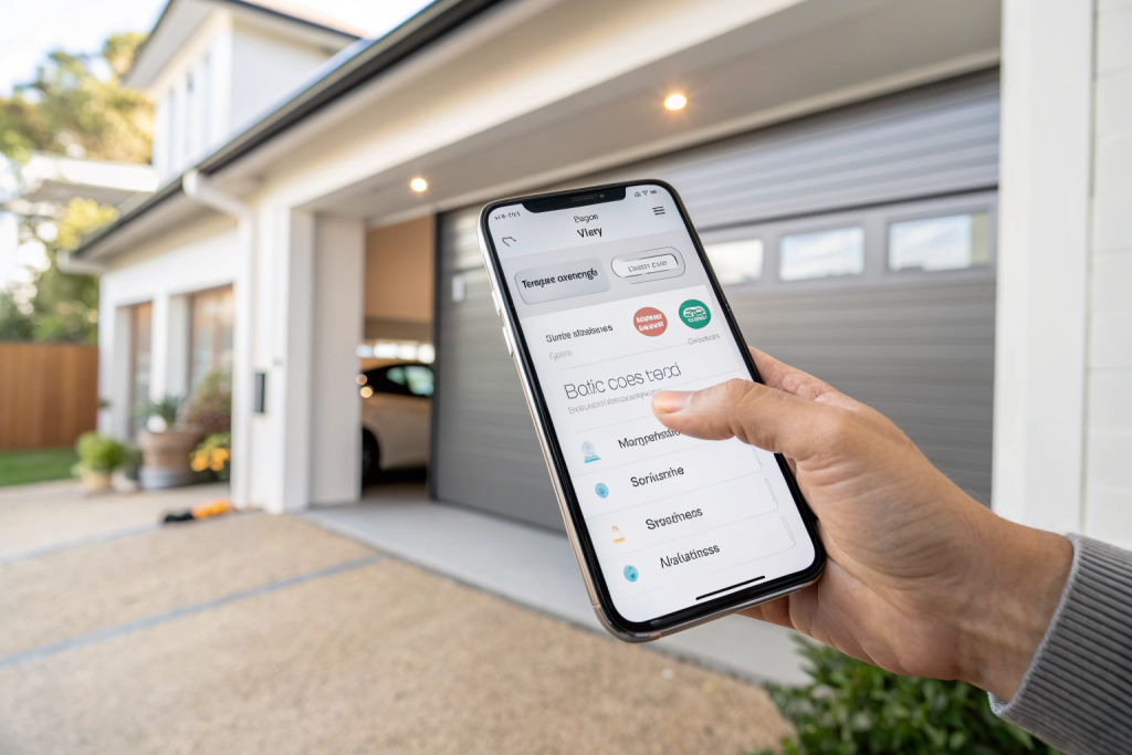 Smartphone screen displaying a garage door control app with remote access features