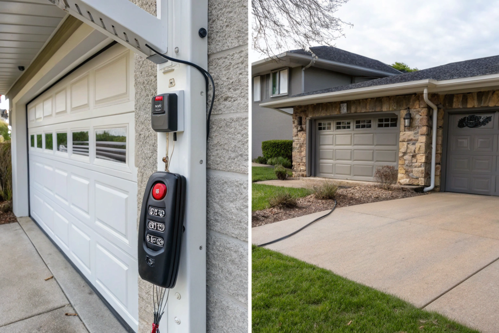 Split comparison image showing a secure versus a vulnerable garage door opener system