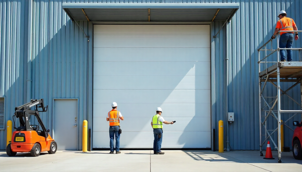 Workers in safety gear installing a large commercial sectional garage door on an Australian warehouse