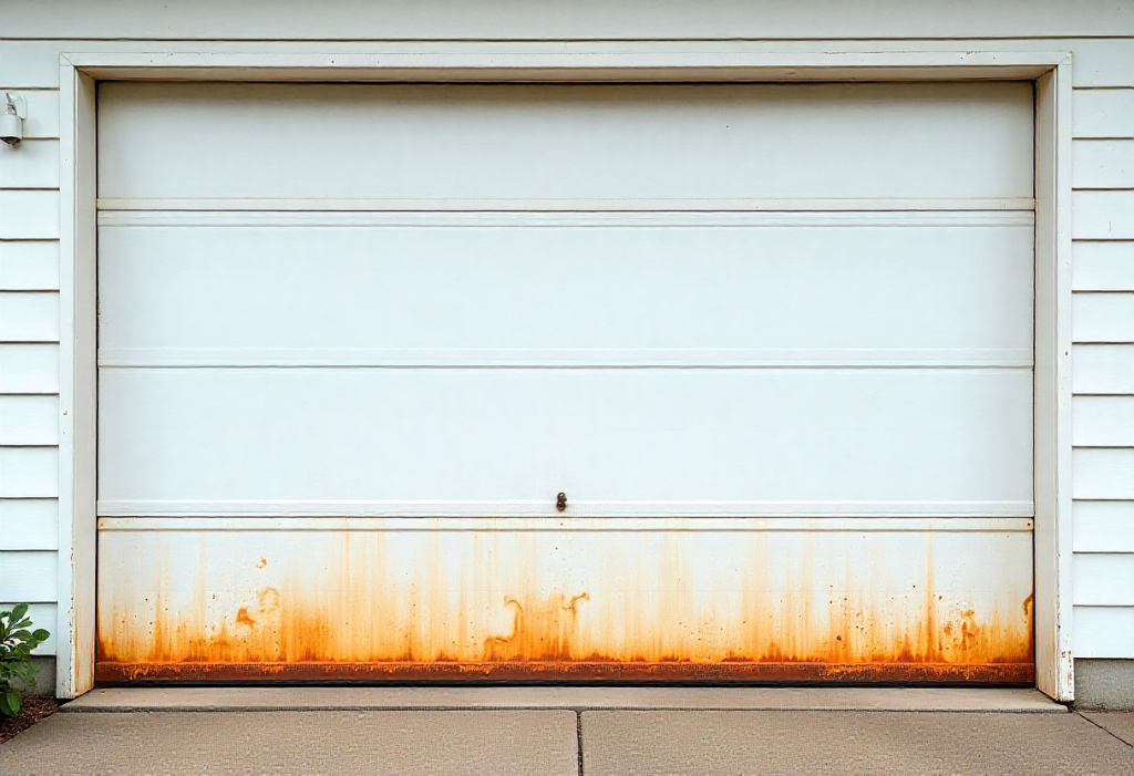 Close-up of a white steel garage door showing rust spots, paint bubbling and corrosion