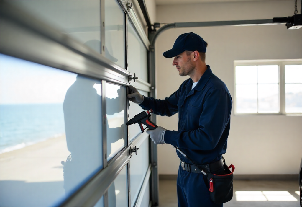 Professional garage door technician performing routine maintenance