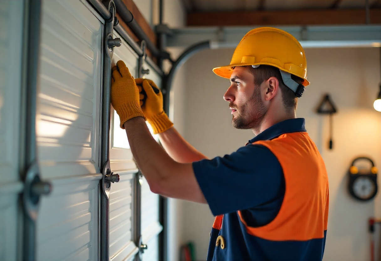 Professional tradesman in safety gear working on a commercial garage door spring replacement