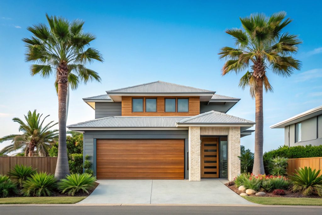 Two-storey coastal home with a timber-look double garage door, palm trees either side of the driveway.