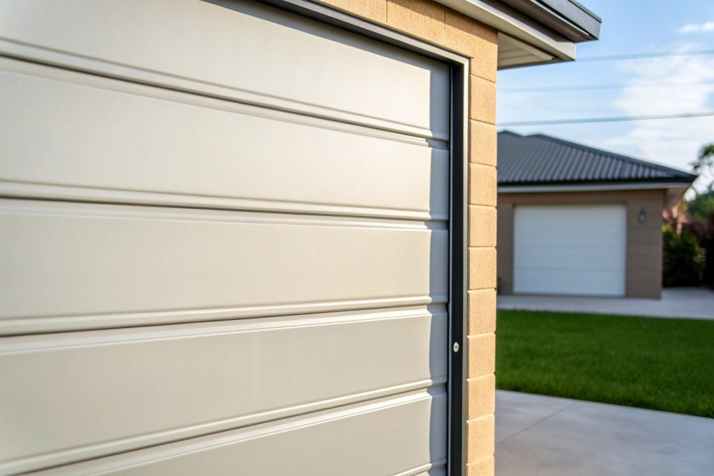 Close-up of a smooth, sand-coloured garage door panel beside the entry to a home.
