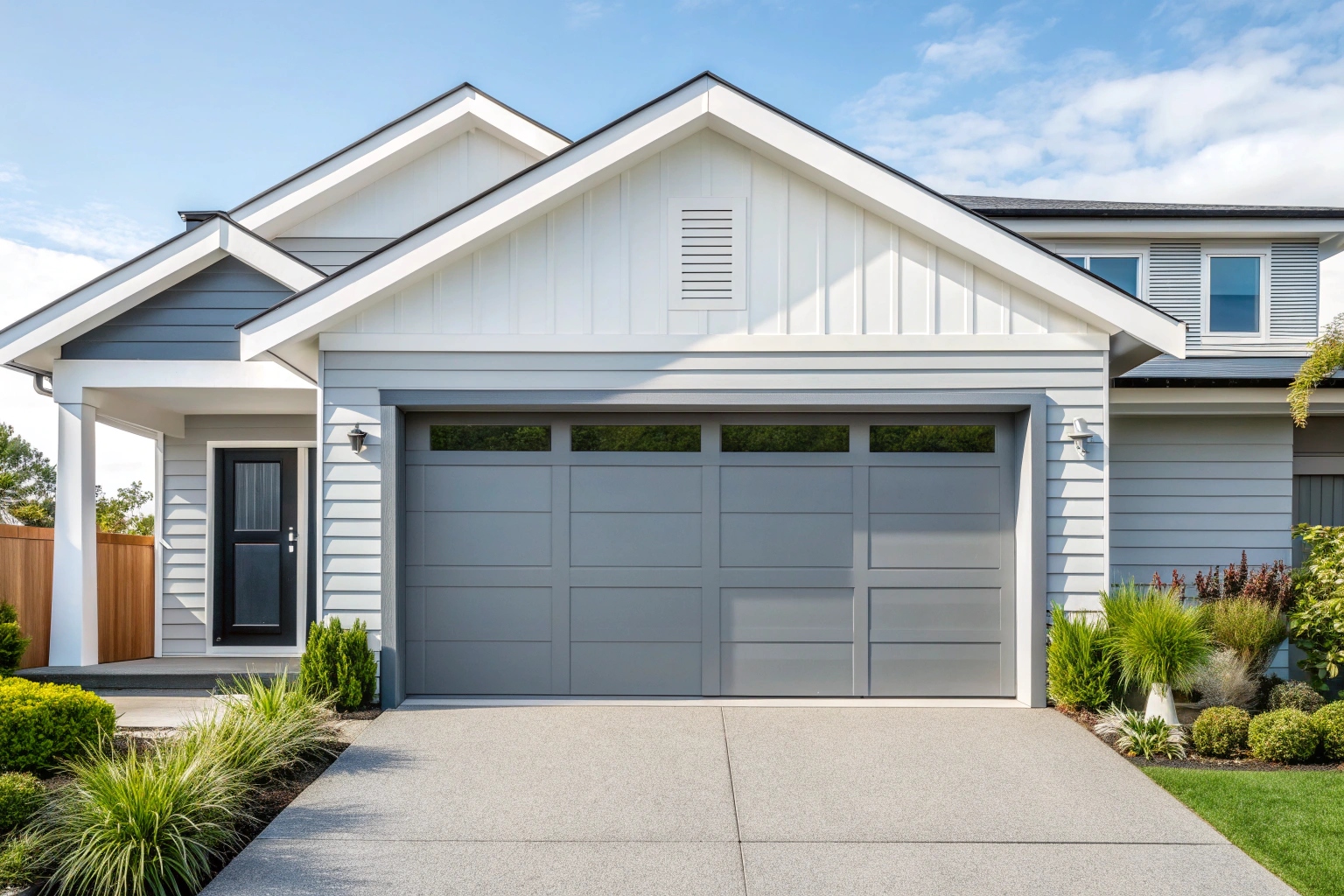 Modern sectional garage door on a stylish Hamptons-style home
