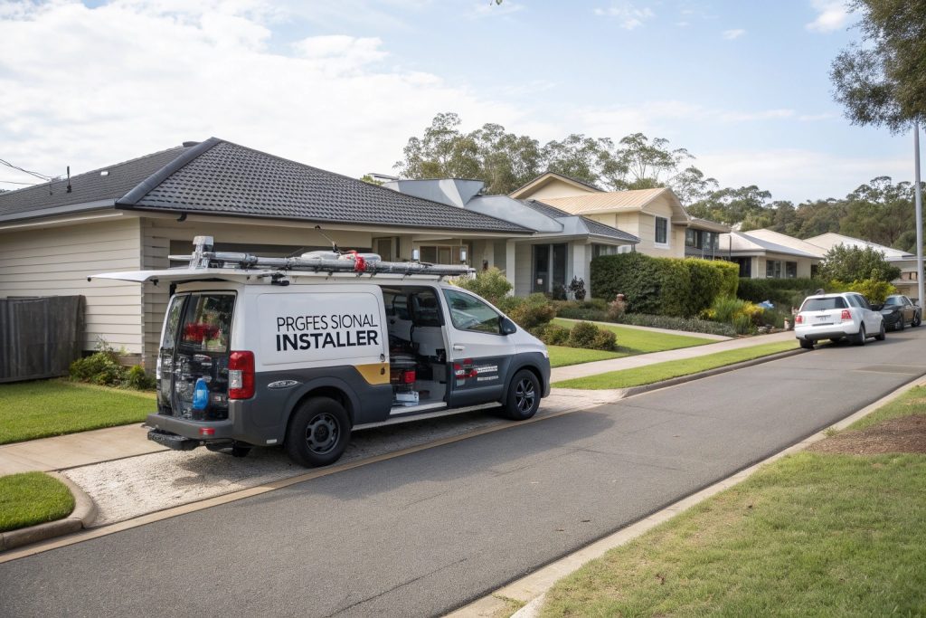Professional installer's van parked in a driveway during a garage door job in Caringbah
