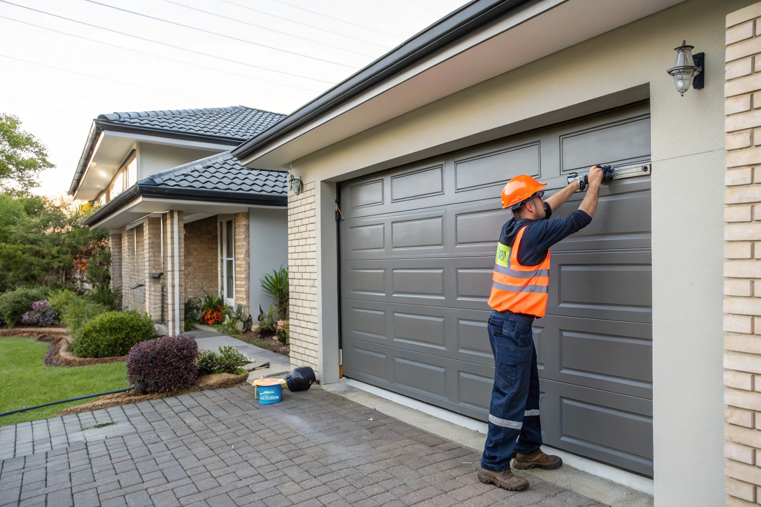 Professional tradesperson in uniform installing a garage door in Menai