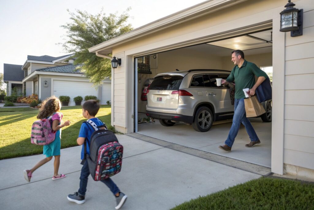 Parent rushing to their car in the morning with an open garage door revealing the family SUV inside