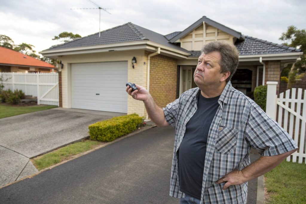 Frustrated homeowner standing in a driveway holding a garage door remote at a closed garage door