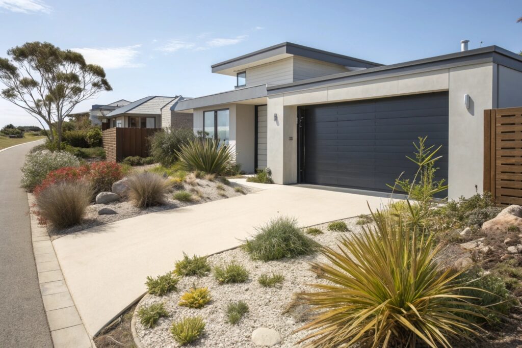 Modern Australian suburban home with a sleek contemporary garage door and coastal-style landscaping