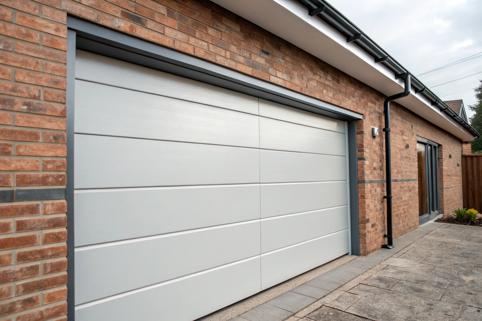 Close-up of a sleek sectional garage door with horizontal panel lines