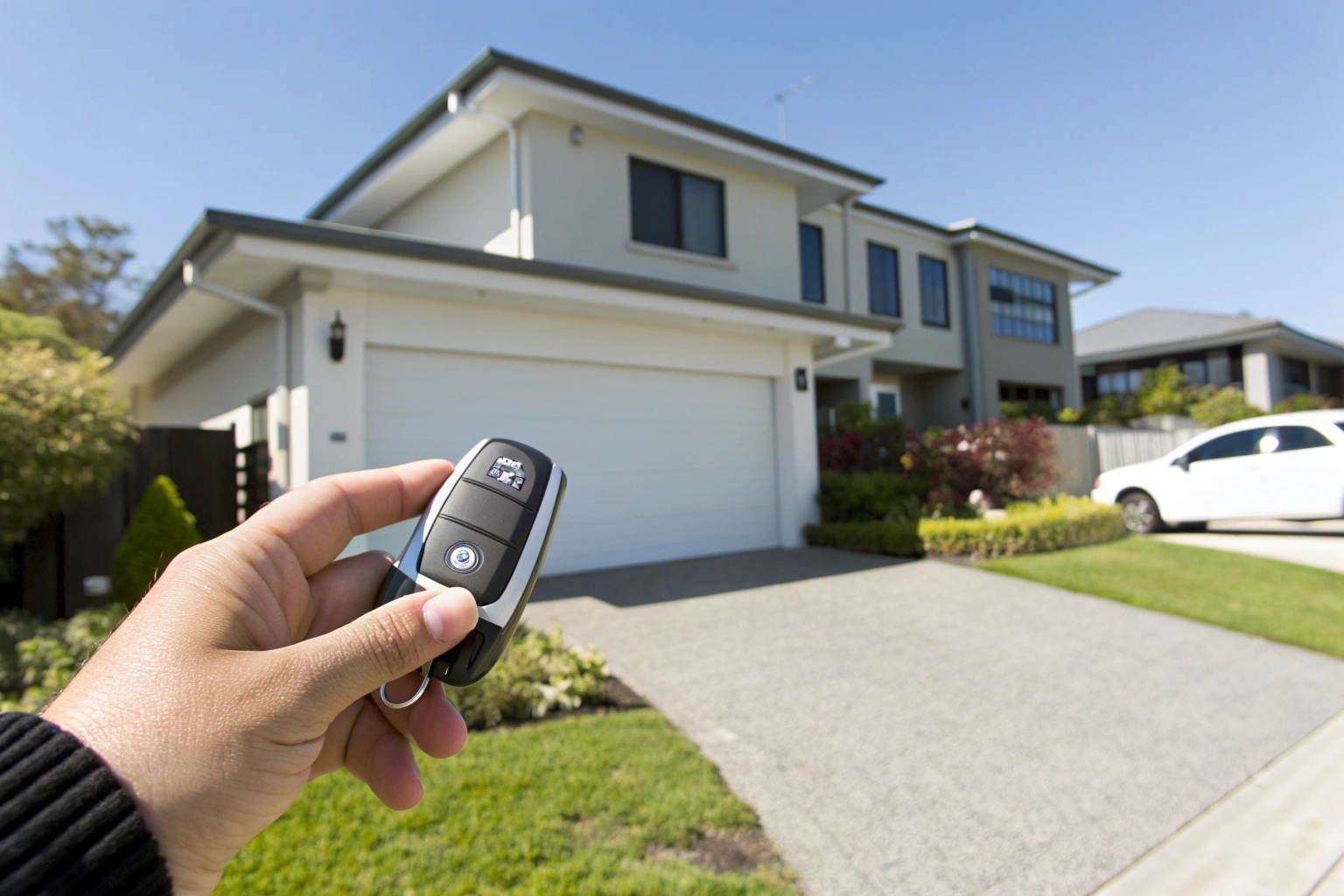 Close-up of a hand holding a garage door remote control