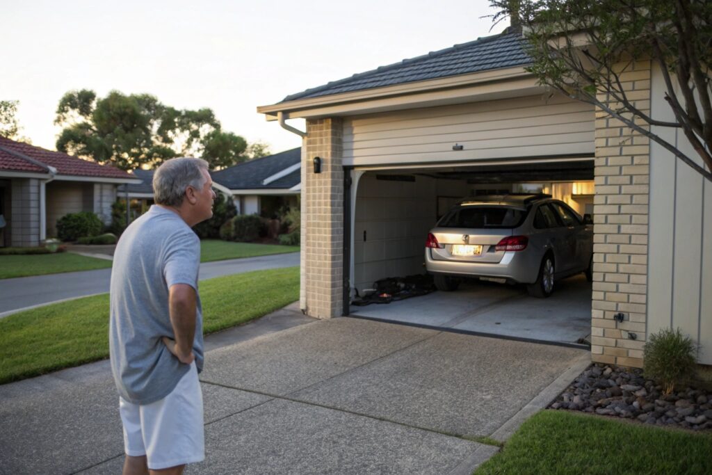 Homeowner dealing with broken garage door emergency in Sutherland Shire