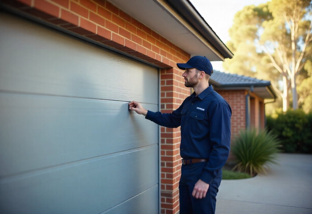 Garage door technician in navy blue uniform inspecting a modern double panel-lift garage door