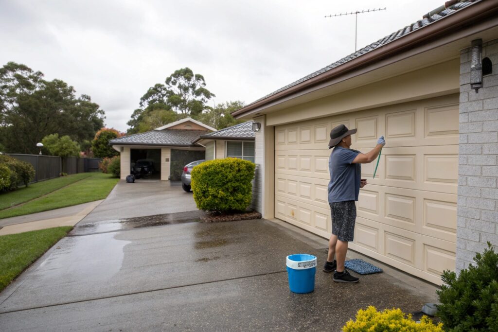 Homeowner in a sunhat washing a cream-coloured garage door with a sponge and bucket.