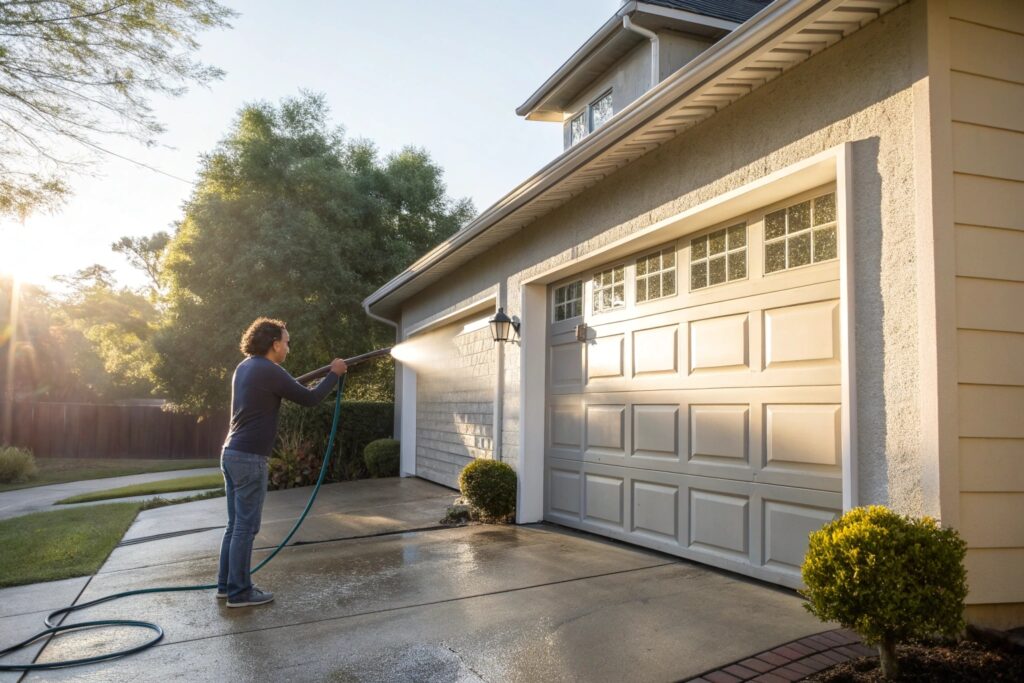 Homeowner washing salt deposits off a garage door with a garden hose in Sutherland Shire