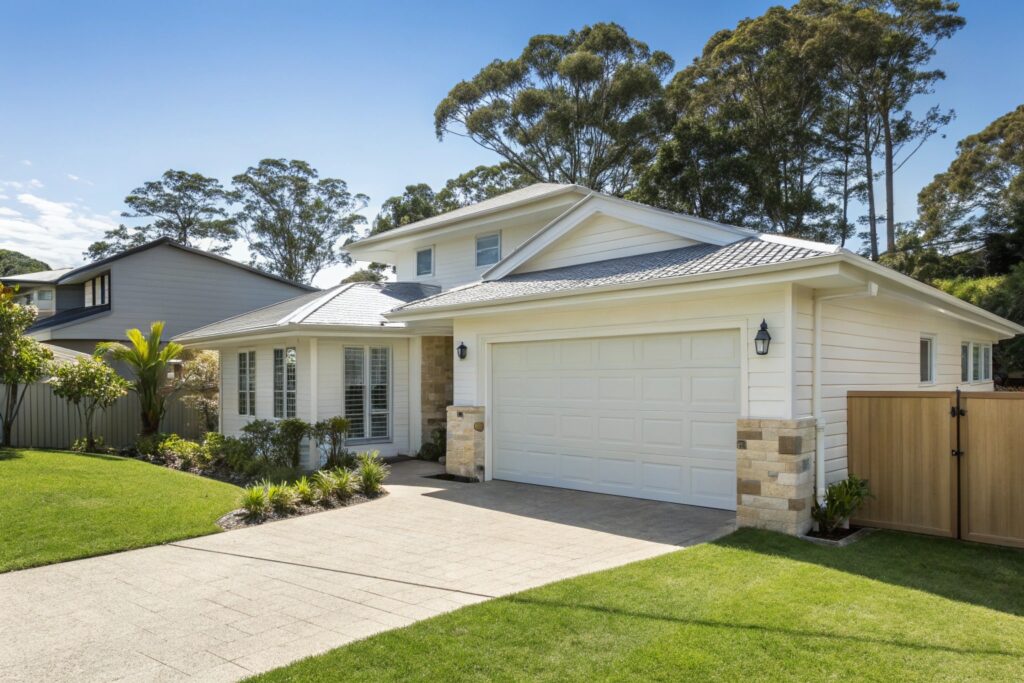 Grey two-storey suburban home with a matching grey panel garage door and white gabled roof.
