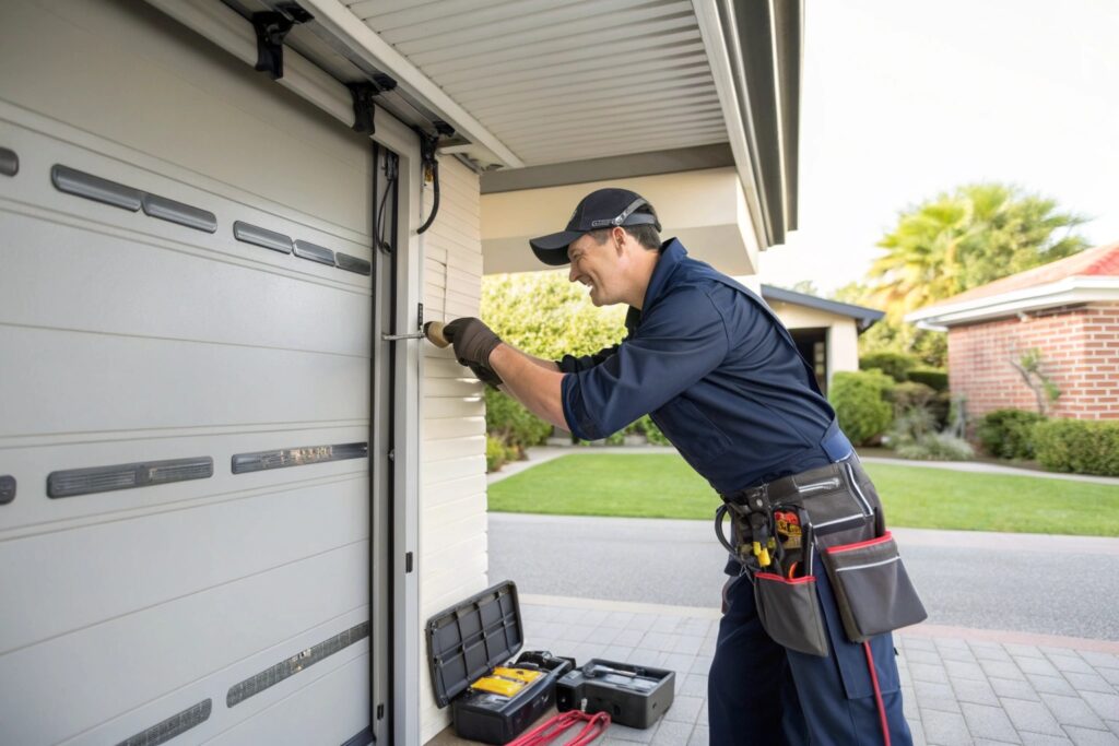 Uniformed technician using a drill to service the side track of a residential garage door.