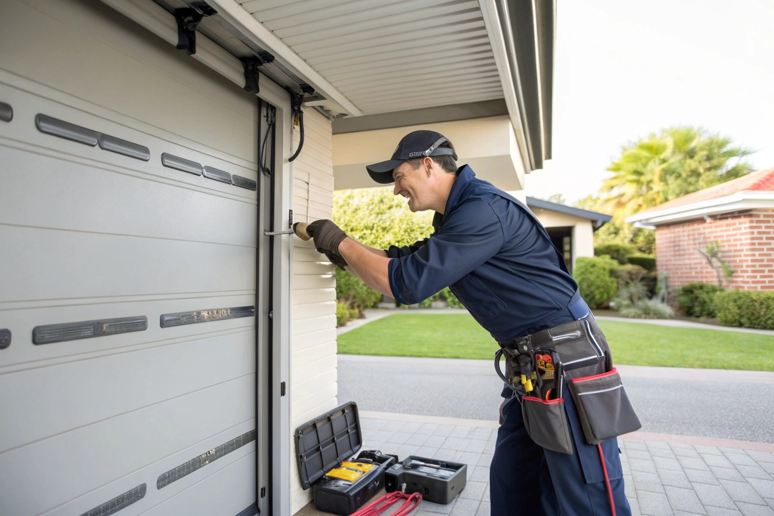 Professional garage door technician in uniform inspecting a garage door in Woronora Heights