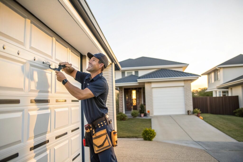 Garage door technician repairing a residential door in Kirrawee