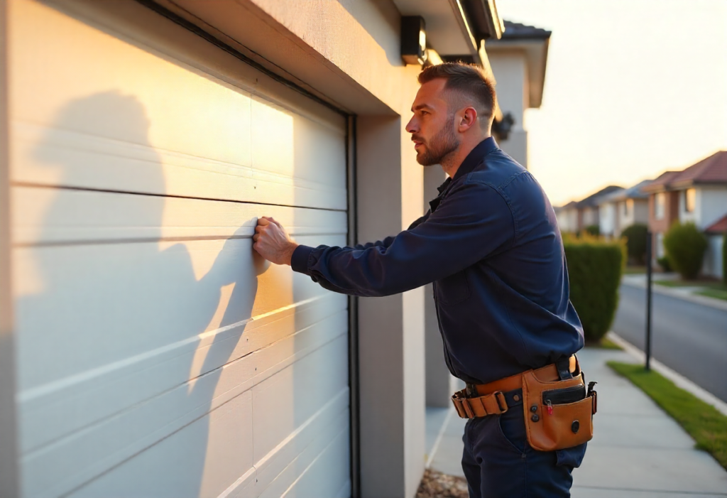 Technician repairing a tilted white sectional garage door on a modern Sylvania home