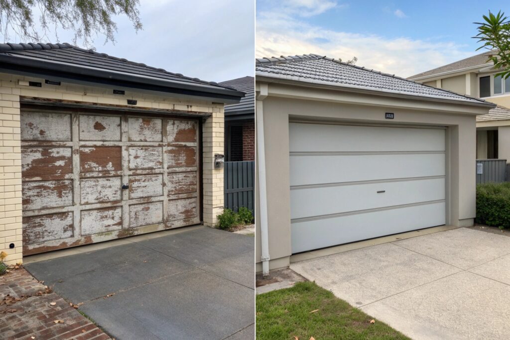 Side-by-side comparison of an old weathered garage door and a new replacement