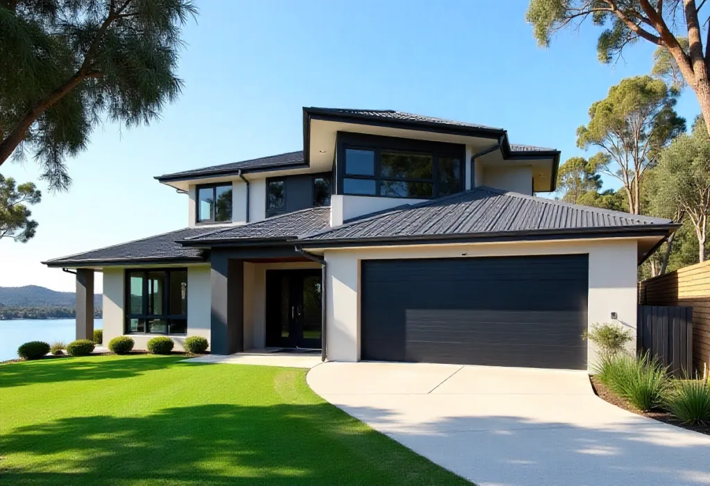 Two-storey modern Australian home in Alfords Point with a black aluminium composite garage door