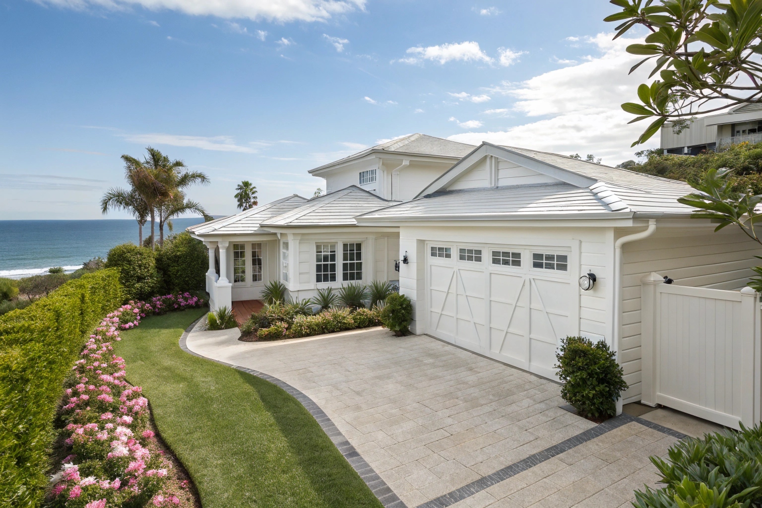 Wide shot of a Hamptons-style coastal home