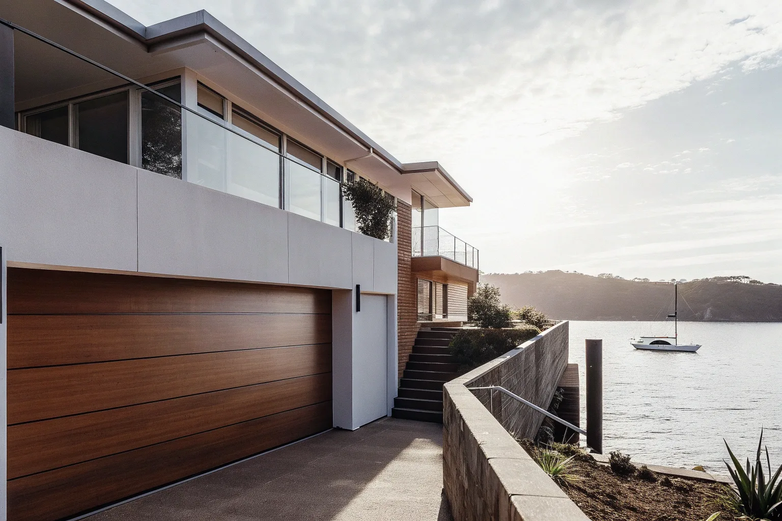 Modern coastal home with a double garage door