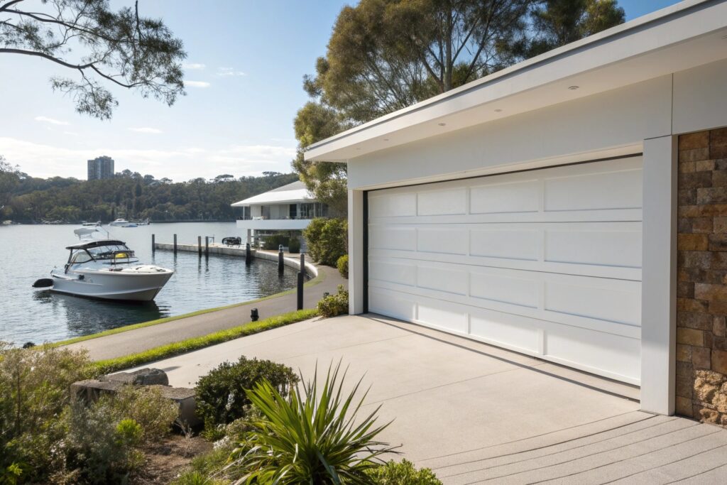 Large white sectional garage door on a modern Australian home