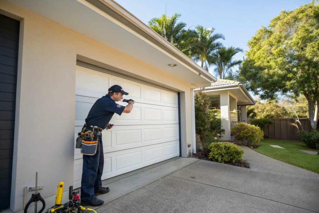 Garage door technician performing coastal maintenance inspection at a Sutherland Shire waterfront property