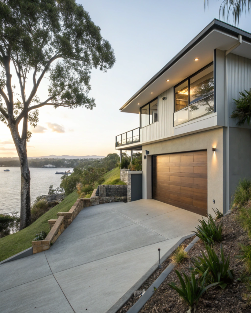 Custom garage door installation on a sloped waterfront driveway